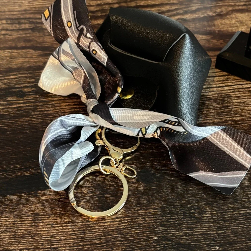 Black Mini Tote Bag Keychain Charm with Scarf Detail and Gold Hardware